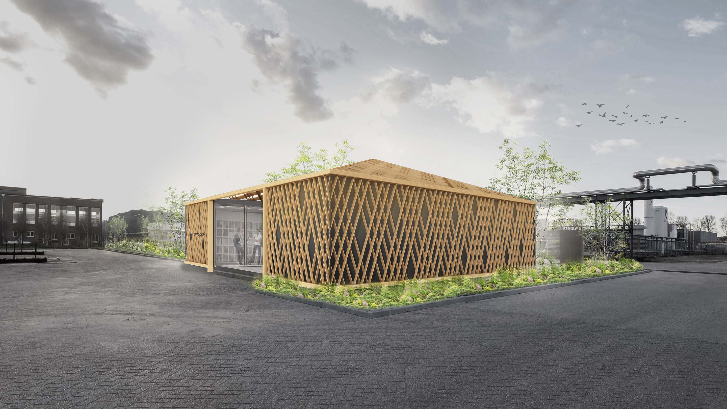 A pavilion is gently wrapped in wooden panels and lights delicately like a lighting basket
